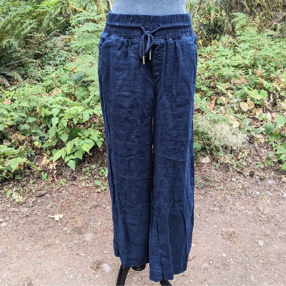 Quince 100% European Linen Wide Leg Pants M Navy Blue Pull On Drawstring Capsule